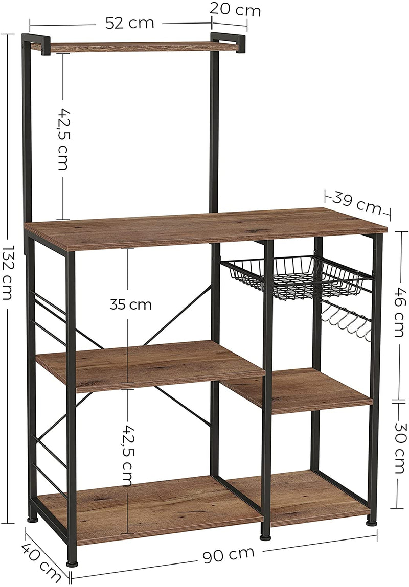 Keukenplank, staande plank met metalen mand, bakkerijplank met 6 S-haken en planken, magnetronplank, kruidenrek, voor potten en pannen, industrieel ontwerp, hazelnootbruin-zwart KKS035B03