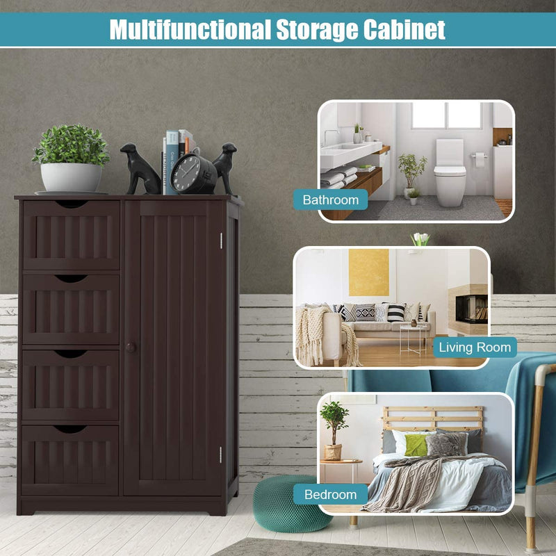 Badkamerkast vloerkast, vrijstaande badkamerkast, houten bijzetkast opbergkast met 4 laden en 1 verstelbare plank, multifunctionele, ruimtebesparende, voor ingang woonkamer slaapkamer keuken (Bruin)