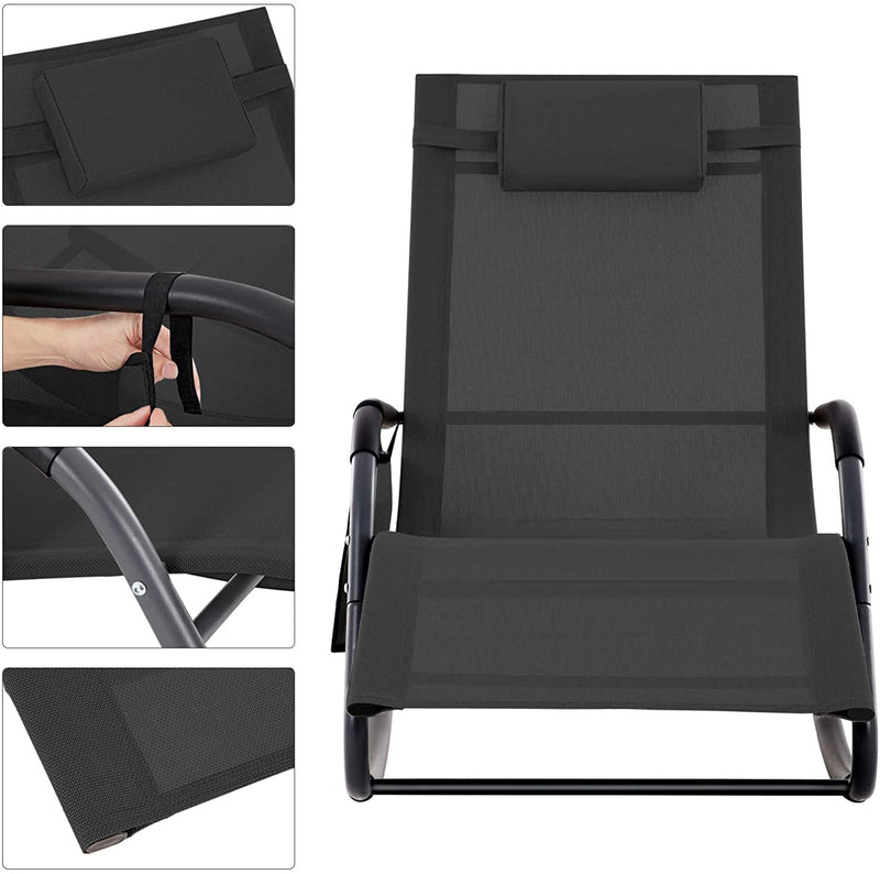 Tuinstoel, ligstoel, schommelstoel met hoofdsteun en zijvak, ijzeren frame, kunstvezelstof, ademend, comfortabel, belastbaar tot 150 kg, zwart GCB23BKV1