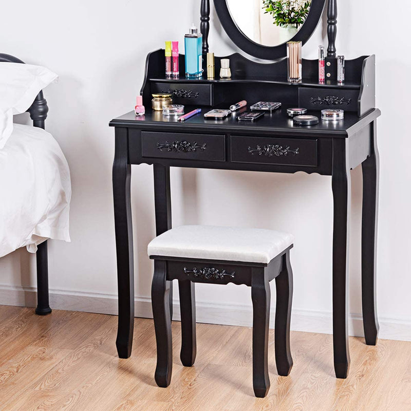 Houten kruk voor make-up, kaptafel stoel, make-up kruk met zacht gevoerde zitting, mooie patronen en delicaat houtsnijwerk, massief houten poten, 100 kg gewichtscapaciteit (Zwart)
