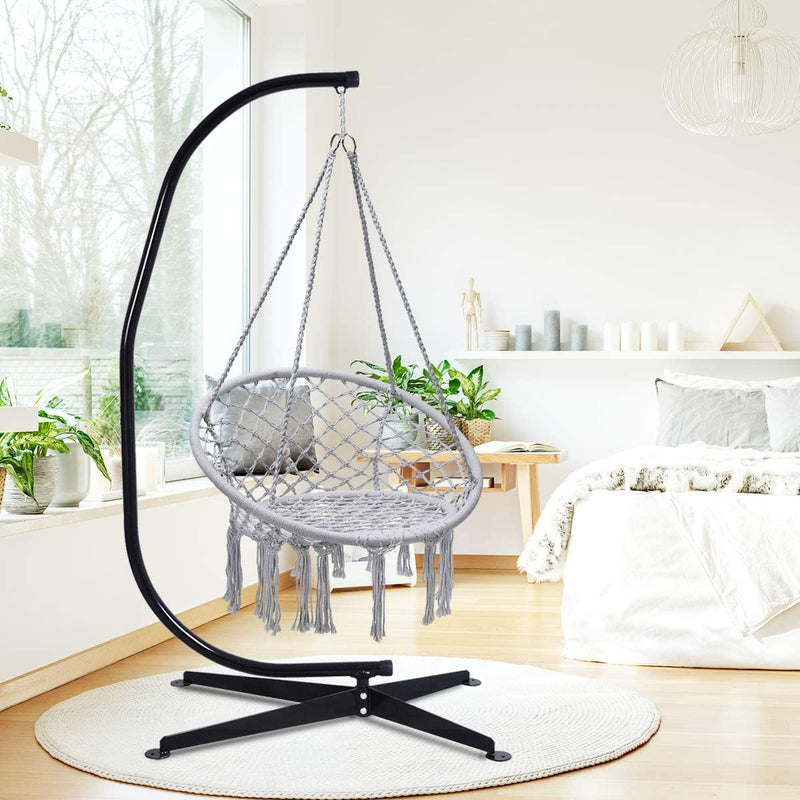 Hangstoel, katoenen touw macrame hangende schommelstoel voor woonkamer, tuin, balkon, scandinavische stijl, capaciteit van 150 kg (Grijs)