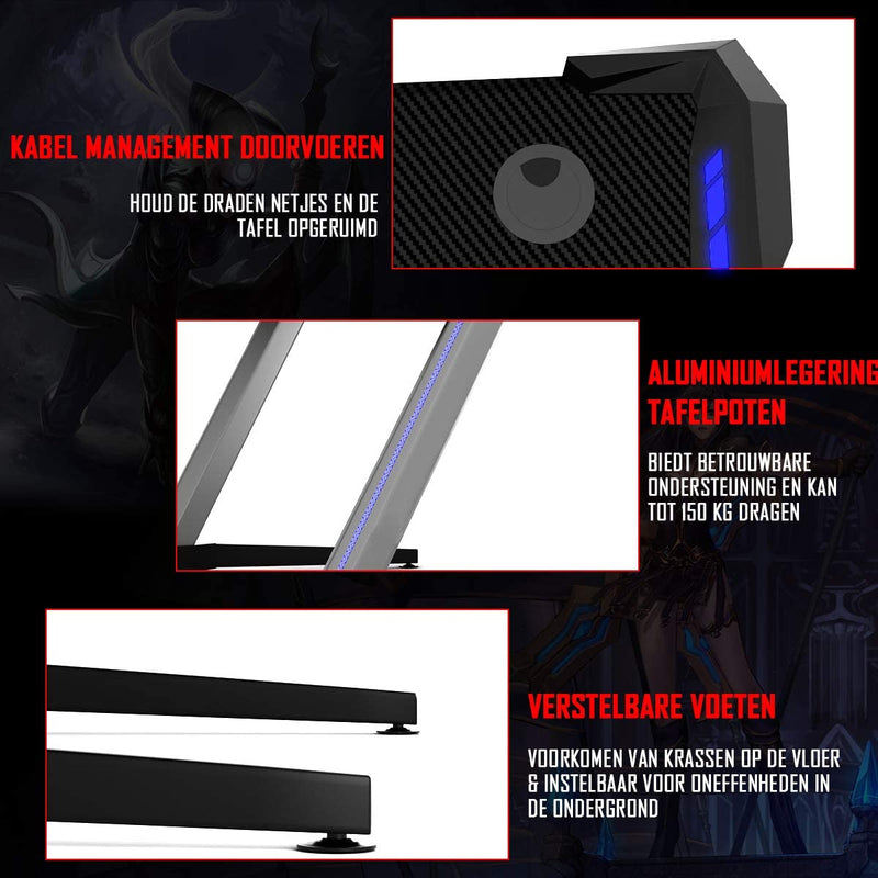 Gaming Bureau, Gamingtafel, Ergonomische race Computer bureau met RGB-lampen, 120cm  Z-vorm ,zwart