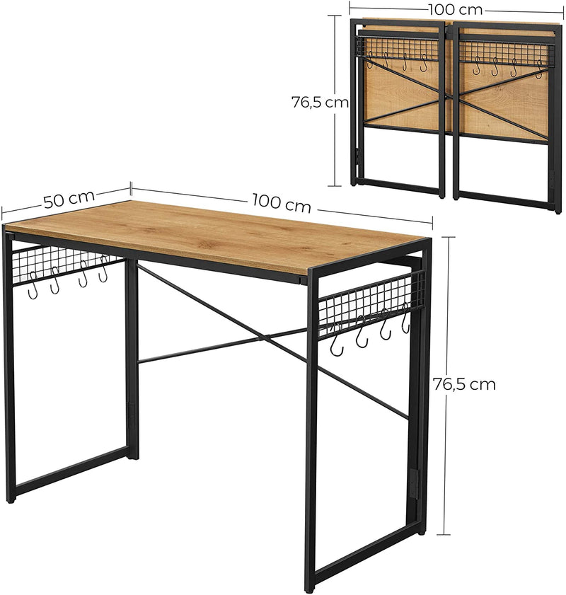 Computertafel, opklapbaar bureau met 8 haken, , honingbruin-zwart LWD042B05