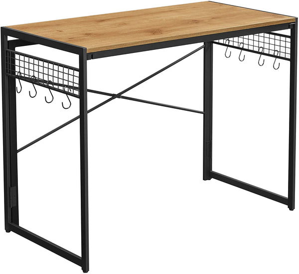 Computertafel, opklapbaar bureau met 8 haken, , honingbruin-zwart LWD042B05