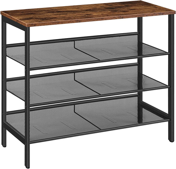 Schoenenrek, schoenenkast met 4 niveaus, schoenenbank met 3 roosterplanken, vintage bruin-zwart EUBF14XJ01