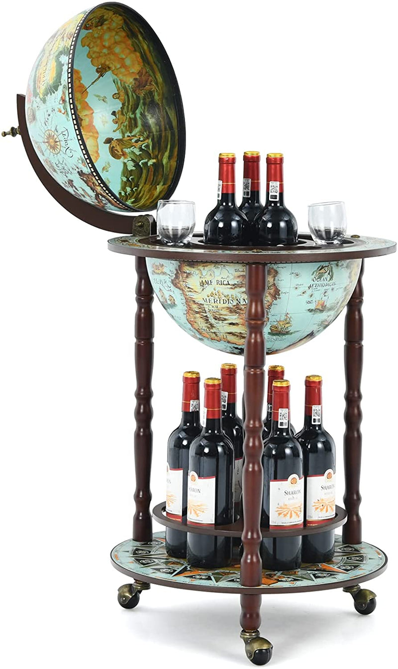 Wereldbol barwagen, wijnbar standaard, 16e eeuw nautische kaart wijnkast met wielen, retro houten fles plank, verplaatsbare wereldbol wijnrek voor eetkamer en woonkamer