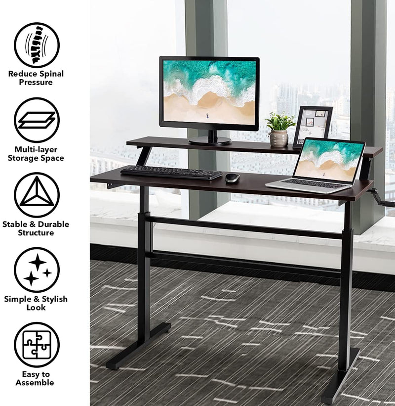 hoogte verstelbaar sta-bureau, zit-sta-werkstation met monitorplank, opvouwbare slinger, , bruin