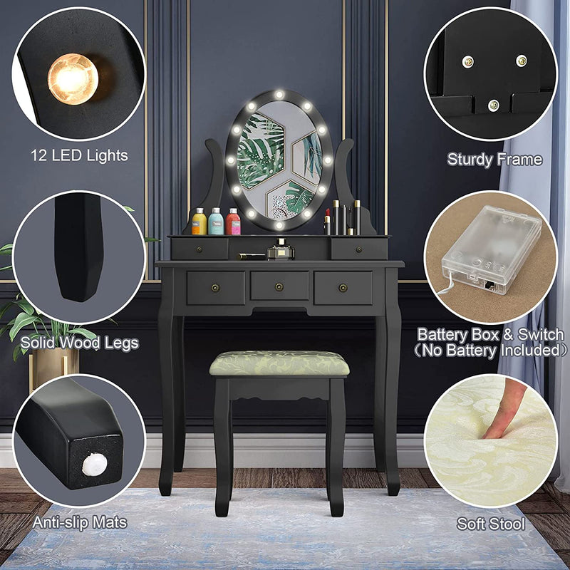 Kaptafel met verlichte spiegel, make-uptafel kaptafel, 360° draaiende ovale spiegel met 12 LED-lampjes, afneembare bovenkant, 5 opberglades, voor meisjes slaapkamer (Zwart)