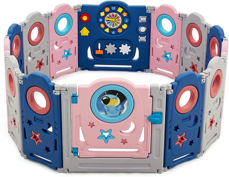 Multifunctionele baby grondbox 14/16 panelen, kinder speelbox babybox, (Donkerblauw + roze, 14 panelen)
