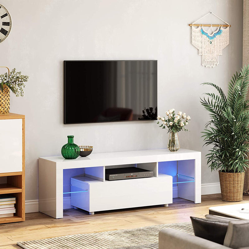 tv-kast voor tv's tot 60 inch,  met led-verlichting, lowboard, woonkamer, 140 x 35 x 45 cm, modern, glanzend, wit LTV14WT