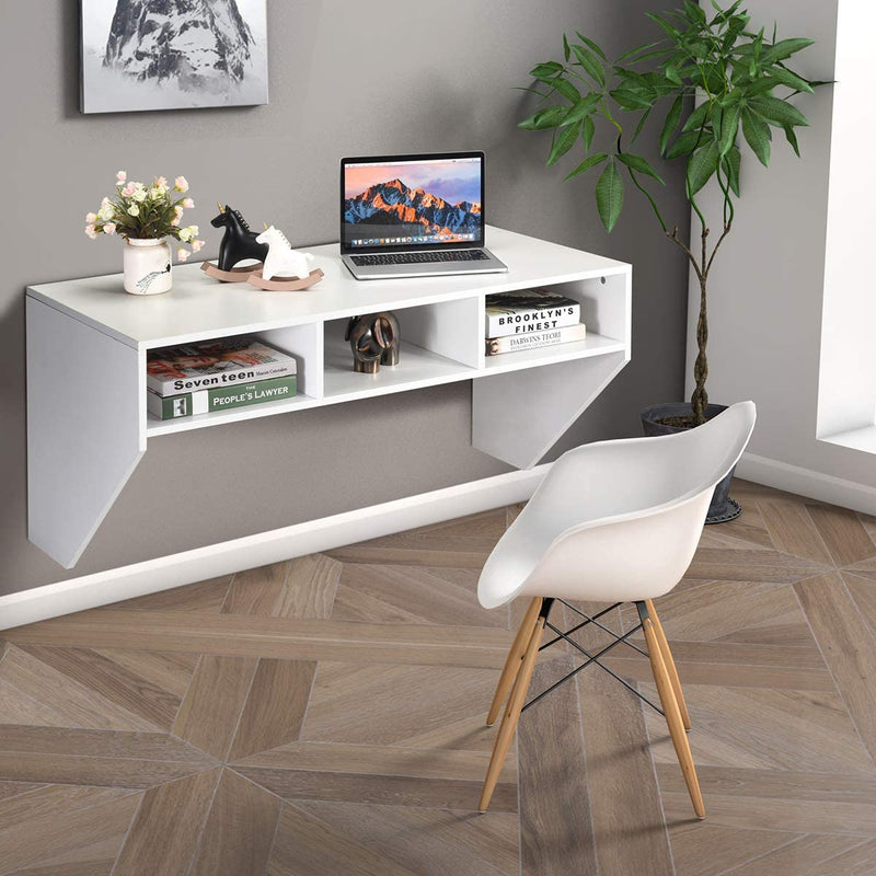 Muur gemonteerd  computerbureau, hout PC werken studietafel computertafel bureau met 3 opbergplanken voor slaapkamer, woonkamer, 108 x 53 x 52cm (Wit)