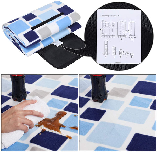Picknickkleed, 200 x 200 cm, fleece, warmte-isolerend, waterdicht, met draaggreep, vierkanten in blauw, bruin en wit