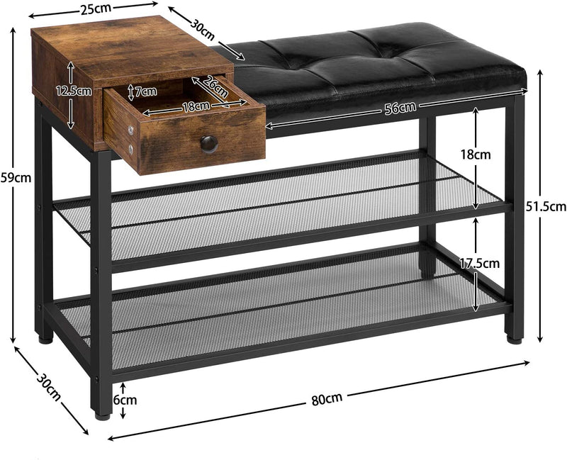 schoenbank, met lade en gewatteerde zitting, dikke gewatteerde opbergbank met 2 gaasplanken, schoenenrek, zwart imitatieleer, comfortabel, hal, woonkamer EBF31HX01