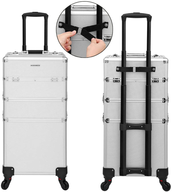 beautycase, professionele make-up case, 3-in-1 met 360° draaibare universele wielen, zilverkleurig JHZ01S