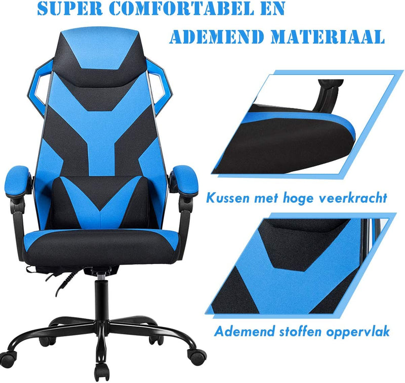 gamingstoel met wielen, racestoel met armleuning, verstelbare rugleuning, hoofdsteun en lendekussen, grote racestoelen met hoge rugleuning en verbrede verdikte zitting (Blauw)