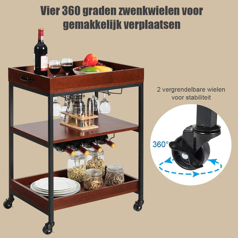 Keukentrolley, 3 lagen opslag plank, serveerwagen, met glas houders en wijnrekken, handige opslag trolley, met handgrepen en afsluitbare wielen,