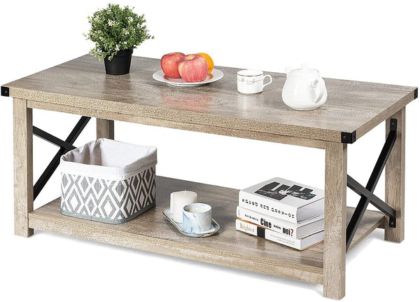 Rustieke salontafel, koffietafel cocktailtafel met opbergrek,  (Grijs)
