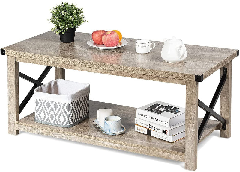 Rustieke salontafel, koffietafel cocktailtafel met opbergrek,  (Grijs)