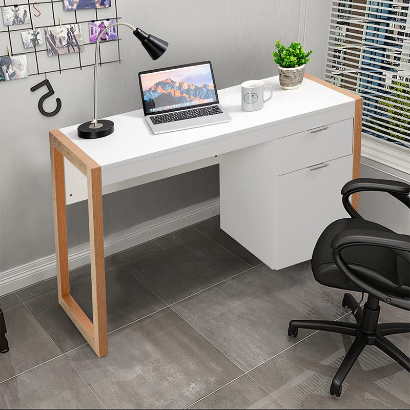 Modern computer bureau, computertafel computerbureau werkstation met opbergkast, lade, stevige structuur, schrijftafel, ideaal voor thuiskantoor, 112,5 x 50 x 75 cm (Wit)