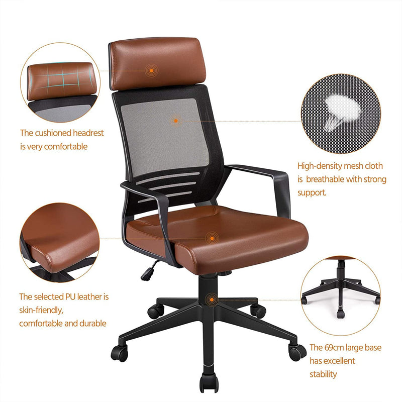 Bureaustoel, ergonomische bureaustoel, draaistoel met hoofdsteun,