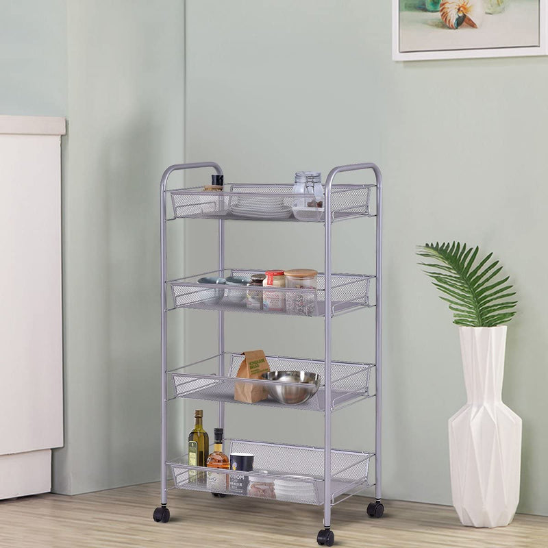 Serveerwagen met 4 lagen, keukentrolley gemaakt van ijzer, opbergtrolley met flexibele wielen en planken, multifunctionele trolley voor badkamer, keuken, eetkamer, kantoor (Grijs)