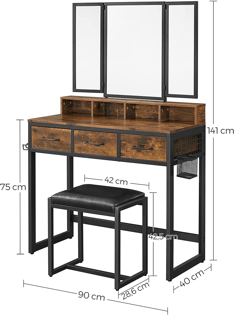 kaptafel Dressing Table met 3-delige klapspiegel, Haardroger Houder, make up tafel met gestoffeerde kruk, 3 lades, vintage bruin-zwart RVT004B01