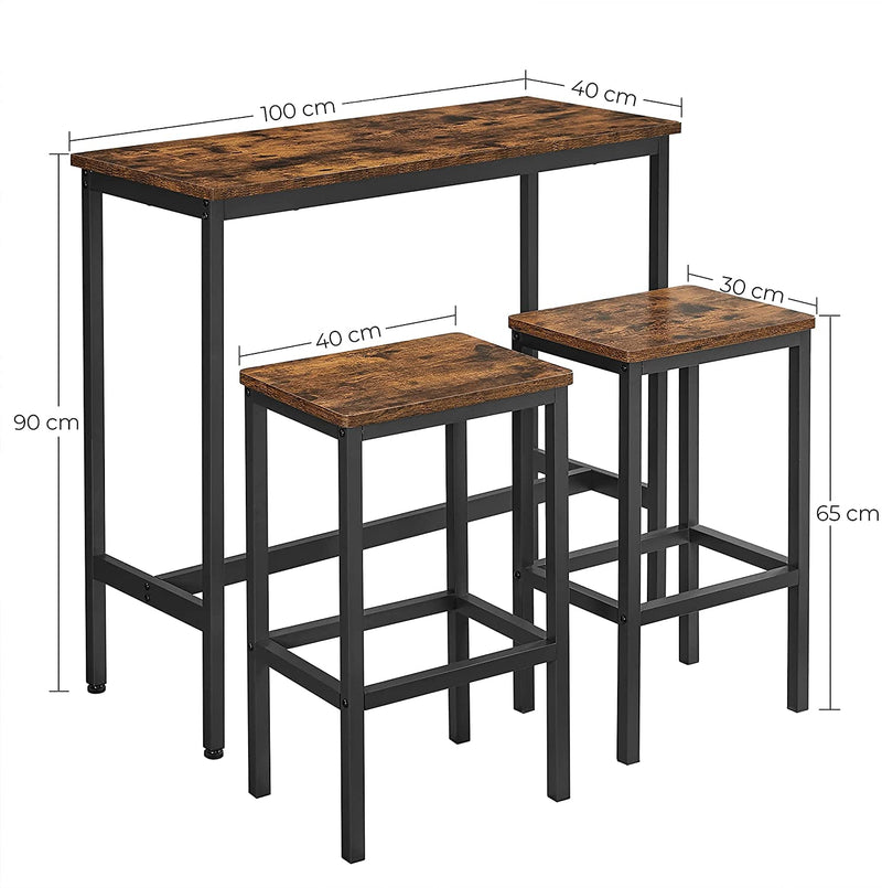 bartafelset, hoge tafel (100 x 40 x 90 cm) met 2 barkrukken (elk 30 x 40 x 65 cm), metalen frame, industrieel ontwerp, voor eetkamer, woonkamer, vintage bruin-zwart LBT218B01
