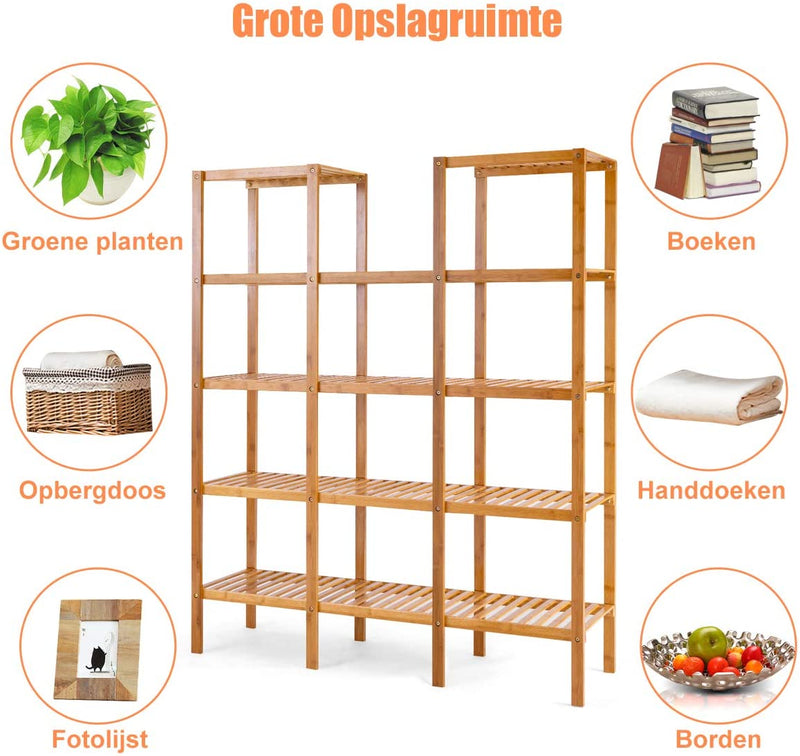 Badkamerplank, bamboe utiliteit plank met 5 niveaus, keukenplank, plant display stand rek, multifunctionele staande plank voor woonkamer, badkamer en hal, 115 x 32 x 140 cm