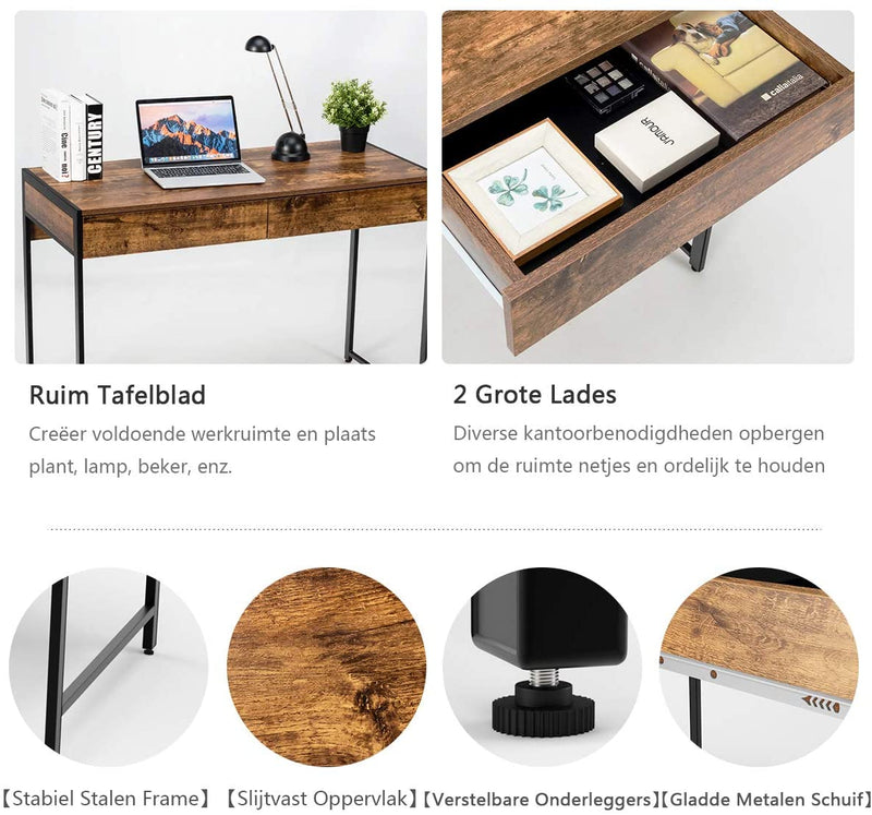 Kantoorbureau, Houten schrijftafel, met 2 lades, Computerbureau, Robuust stalen frame, Werkplek meubilair voor thuiskantoor (Antiek)