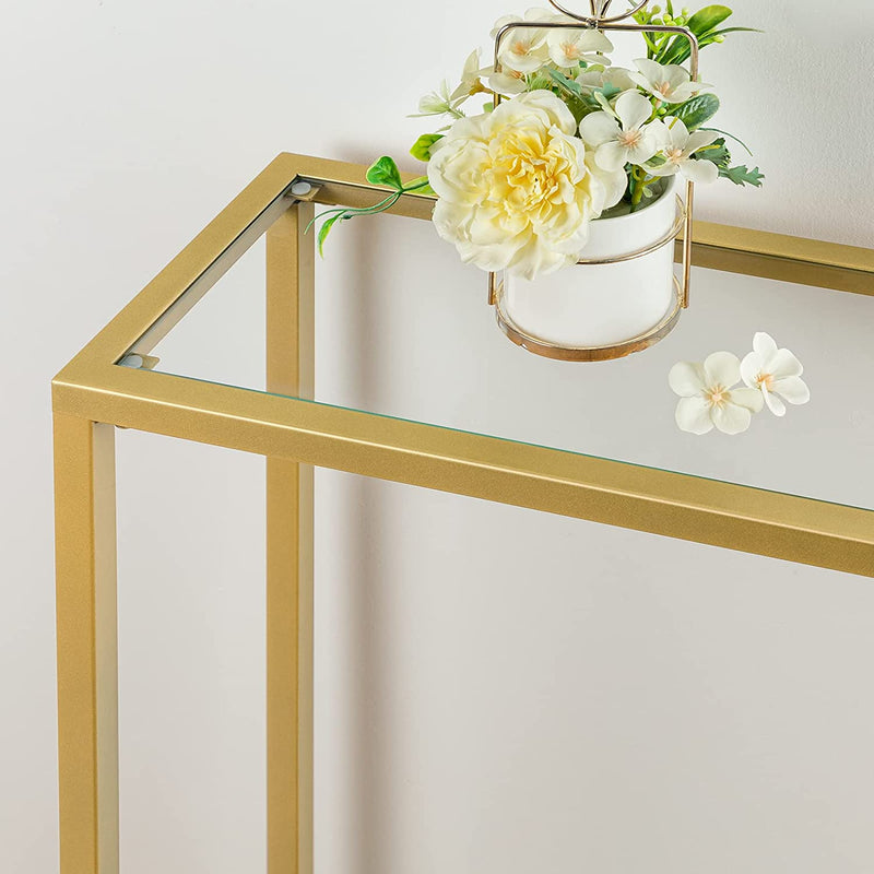 Consoletafel met planken, 120 cm bijzettafel, hardglas, ingangstafel, moderne banktafel, tentoonstellingstafel, metalen frame, voor woonkamer, hal, goudkleurig EGD05XG01