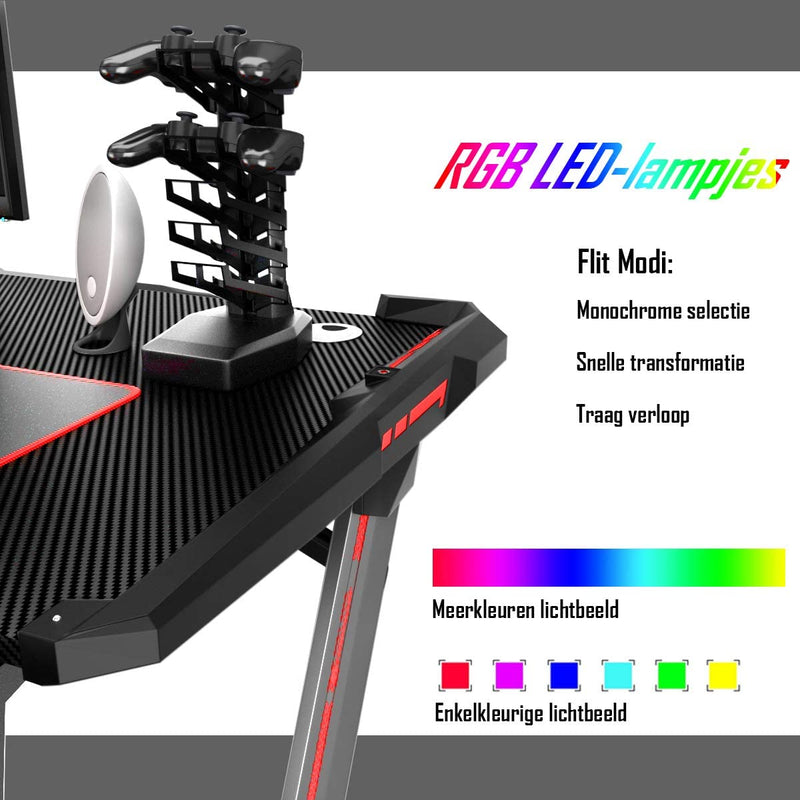 Gaming Bureau, Gamingtafel, Ergonomische race Computer bureau met RGB-lampen, 120cm  Z-vorm ,zwart