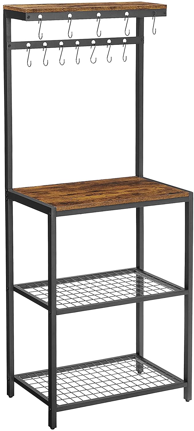 keukenplank, magnetronplank met 12 haken en metalen frame, industrieel ontwerp, voor magnetron, kookgerei, 60 x 40 x 151,5 cm, vintage bruin-zwart KKS021B01