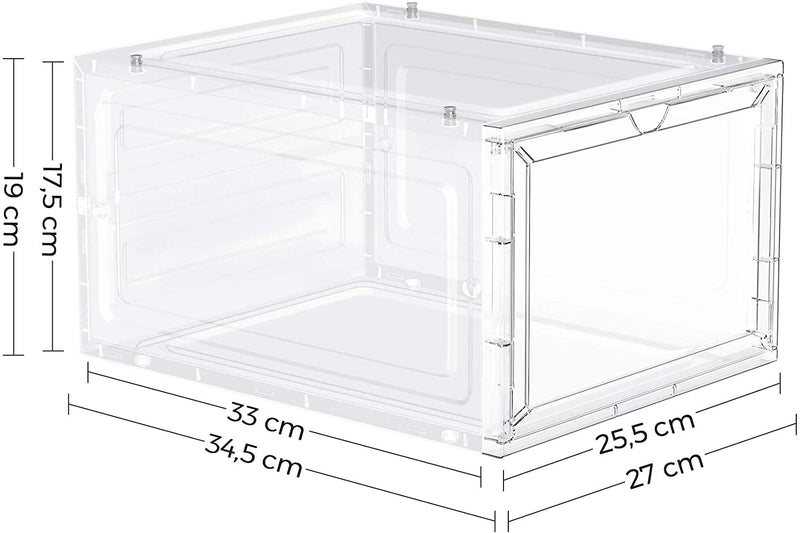 schoenendozen, schoenenopberger van kunststof, met deur, transparant, kunststof boxen, set van 12, stapelbaar, eenvoudige montage, 27 x 34,5 x 19 cm, voor schoenen tot maat 46, wit LSP032W12V1