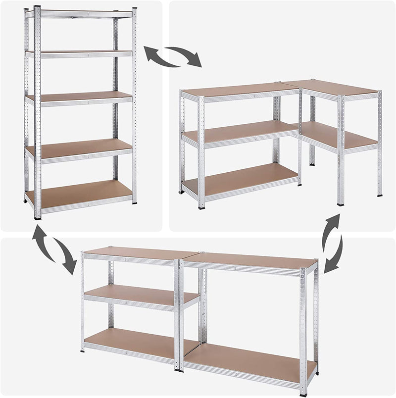 Storage planken, zware lasten, set van 2, kelderrekken, 180 x 90 x 40 cm, tot 875 kg belastbaar, planken, steekplanken, versterkt stalen frame, 5 verstelbare planken, zilver GLR040E02