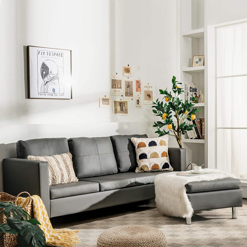 L-vormige gestoffeerde bank met omkeerbare ligstoel, ergonomische rugleuning en handgreep, massief houten frame, 3-zitsbank voor kleine woonkamer, appartement, kleine ruimte