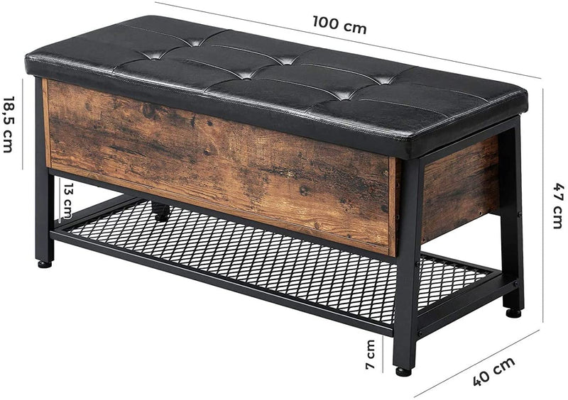 Schoenenbankje; zitbankje met zitkussen en schoenenrek; met opbergruimte; multifunctionele kist; hal, slaapkamer, ijzer, vintage, kunstleer
