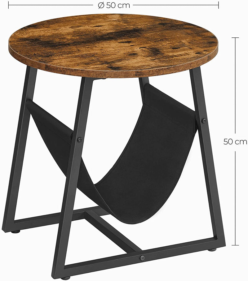 bijzettafel, ronde salontafel met opbergtas, voor woonkamer, slaapkamer, industrieel ontwerp, vintage bruin-zwart LET281B01