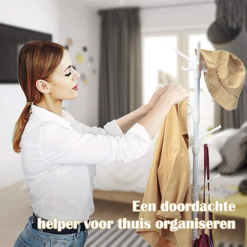 Kapstok, Staande Kleding hanger met afneembare haken en opvouwbare poten, gemakkelijk te monteren, duurzaam staal, wit