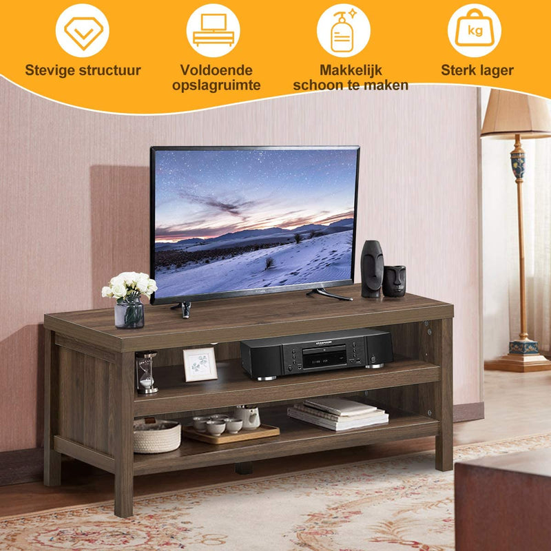 tv-meubel, tv-tafel met 2 open opslagplanken, houten tv-lowboard, 106,5 x 44,5 x 46cm, moderne tv-plank, tv-kast voor woonkamer, slaapkamer en entertainmentkamer, walnoot