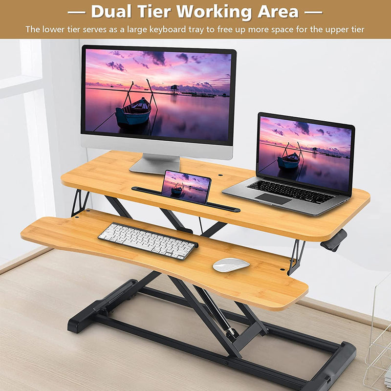 Zit-sta werkstation, zit-sta bureauconverter, in hoogte verstelbare staande bureau verhoger met grote tafelblad 80 x 40cm,ergonomisch bureau, (Natuurlijk)