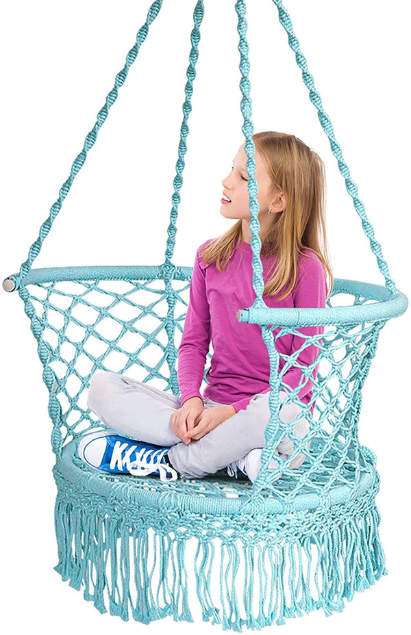 Hangstoel macrame schommelstoel, hangende katoenen touw stoel met kwastjes, maximaal 160kg  (kussens niet inbegrepen) (Blauw)