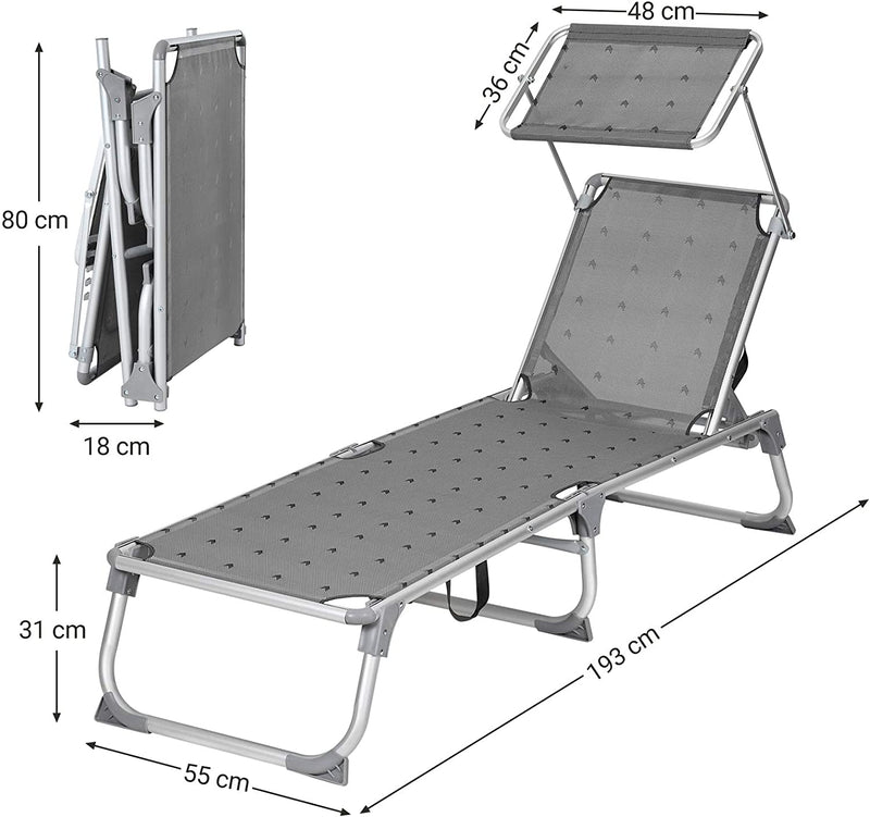 Zonneligstoel, ligstoel, tuinstoel, met zonnedak, rugleuning verstelbaar, inklapbaar, licht, 55 x 193 x 31 cm, tot 150 kg belastbaar, tuin, balkon en terras, antraciet GCB19GYV1