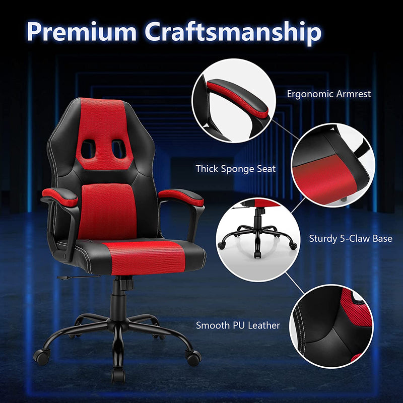 PC gamingstoel, ergonomische computer stoel met rugleuning,  bureaustoel met in hoogte verstelbare zitting, (Rood)