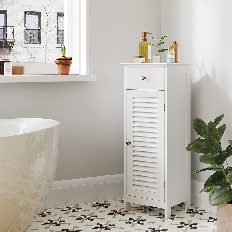 badkamermkastl plank opbergruimte voor badkamer gemaakt van hout met lade lamellendeur wit 32 x 87 x 30 cm (B x H x D) BBC43WT