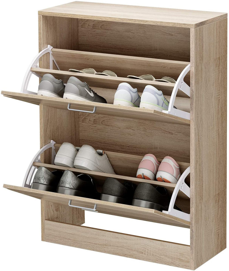 Schoenenkast met 2 kleppen, schoenenkipper, scheidingswanden verstelbaar en afneembaar, voor 12 paar damesschoenen of 8 paar herenschoenen, kleine hal, 60 x 24 x 83,5 cm, eiken
