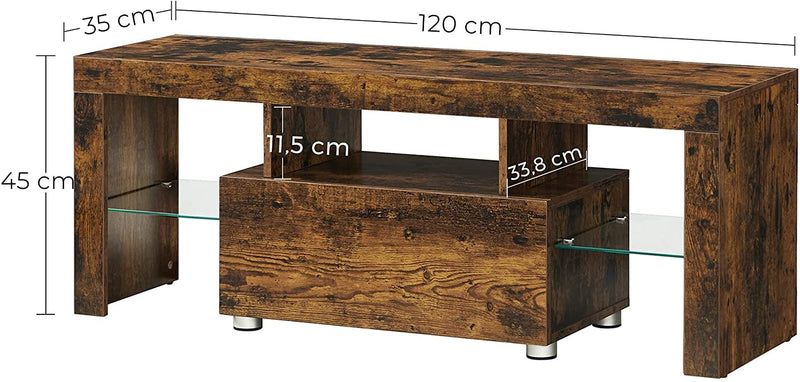 TV-meubel, TV-tafel, met lade, glazen leggers, TV-meubel, TV-plank, voor TV's tot 55 inch, vintage bruin LTV012X01