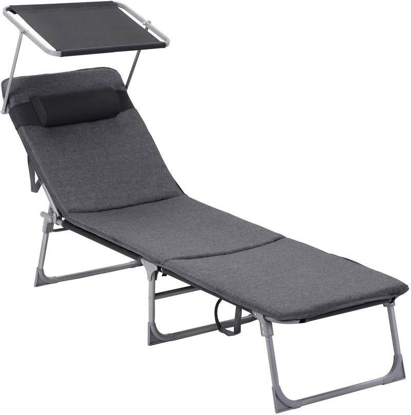ligstoel, ligstoel met 3 cm dikke steun, hoofdsteun, luifel, verstelbare rugleuning, opklapbaar, 53 x 193 x 29,5 cm, tot 150 kg draagvermogen, tuin, balkon, donkergrijs GCB19UM