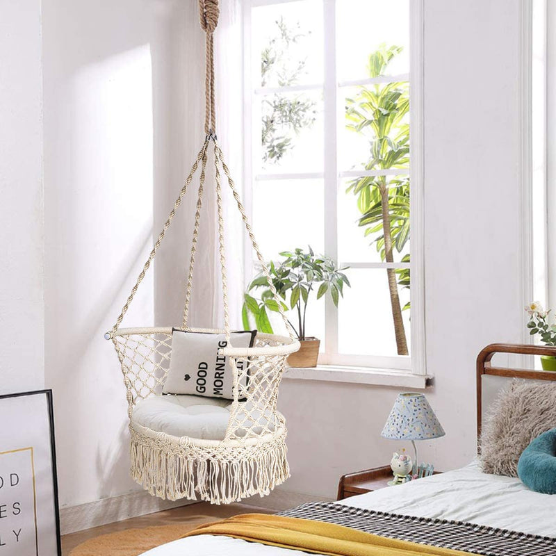 Hangstoel macrame schommelstoel, hangende katoenen touw stoel met kwastjes, maximaal 160kg  (kussens niet inbegrepen) (Beige)
