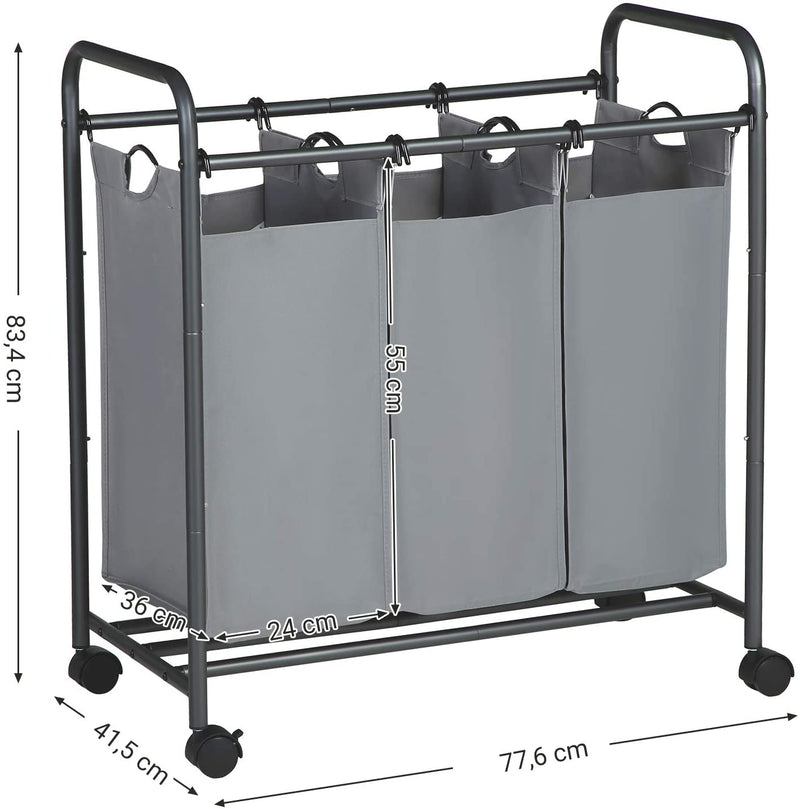 Wasmand op wielen, wassorteermachine met 3 afneembare stoffen zakken, wasverzamelaar, opbergruimte voor speelgoed, stevig, 3 x 44 liter, grijs LSF003GS