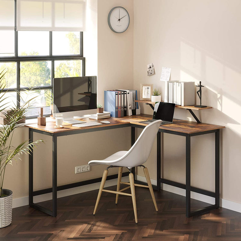 Bureau, L-vormig computerbureau met beweegbare monitorbevestiging, hoekbureau,  bruin-zwart LWD56X